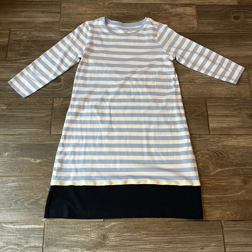 J Jill Fit‎ Striped A Line Dress Navy Blue Yellow XS Coastal Grandmother Dress